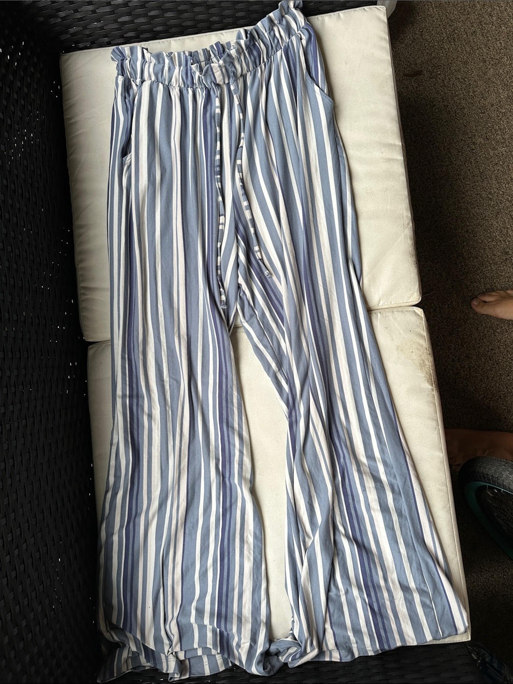 Striped Wide-Leg Drawstring Pants - Blue & White - Buttery soft